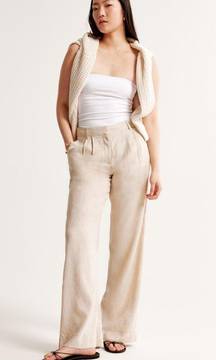 Abercrombie Linen-Blend Tailored Wide Leg Pant in Light Beige