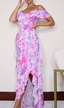 Pink Tie Dye Cold Shoulder Ruffle Detail Maxi Dress 12 Large