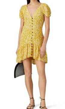 Golden Bloom Floral Short Sleeve Dress V-Neck Ruffle Hem Mustard Yellow szL