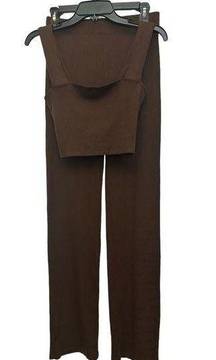 Reformation Ribbed Set Crop Top And Pants Size Medium Brown Square Neck Pull On