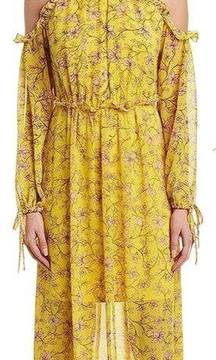 Avec Les Filles Cold Shoulder Dress Yellow Floral Printed Keyhole Maxi Womens 12