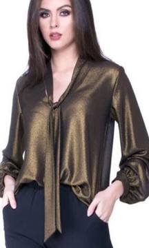 NWT Analili Uma Blouse Bow Sheer Gold Metallic $121 M