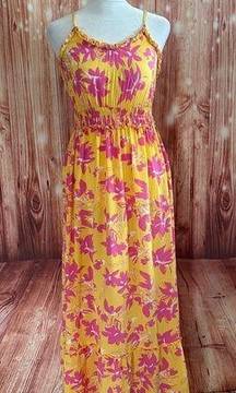 Yellow Ruffle Trim Pink Floral Print Maxi Dress