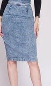 Vintage 80s Acid Wash Denim High Waisted Fitted Pencil Midi Jean Skirt