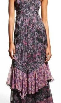 Rococo Sand Nott Sweetheart Tiered Metallic Purple Paisley Maxi Dress Size S