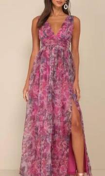 Lulu’s Garden Romance Magenta Floral Print Organza Maxi Dress Pink Purple XS