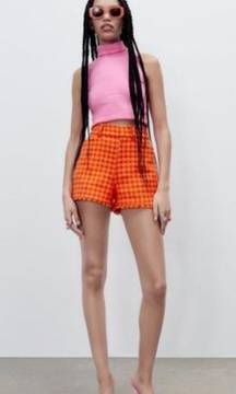 Orange Houndstooth Tweed Shorts