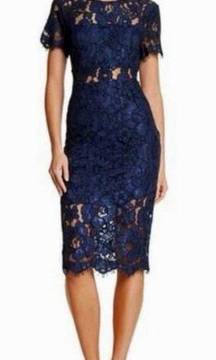 $115 REVOLVE NSR Navy Blue Floral Lace Illusion Sheath Midi Dress Sz XL