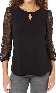  Kasper Black Keyhole 3/4 Sleeve Lace Top XL