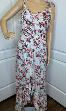 NWT  Printed High Low Floral Maxi Dress Ruffle Hem Blue Cream Red Large