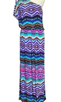 Maggie London 8 multi-colored geometric off one shoulder a-line maxi dress