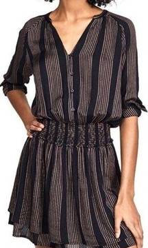 Rails Jasmine Mini Dress Midas Stripe Metallic Smocked Button Front Black Gold L