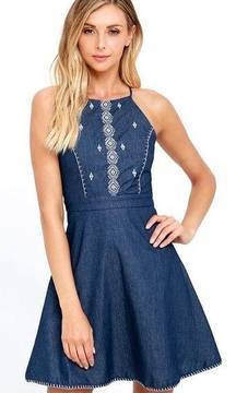 Moon River Once in Awhile Blue Chambray Skater Dress