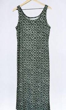 Kathie Lee VTG 90s Black & Green Abstract Floral Sleeveless Straight Midi Dress 