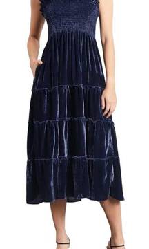 Hill House Ellie Nap Dress Velvet Midi Smocked Bodice Tiered Navy NEW Womens XS