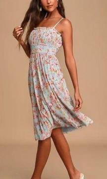 Poolside Light Blue Floral Print Ruffled Mesh Midi Dress