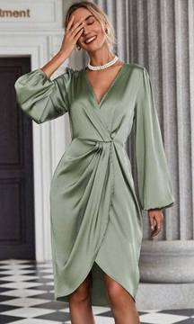 Lantern Sleeve Twist Front Wrap Hem Satin Dress