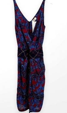 LAGENCE Red Blue Paisley Surplice Sleeveless Midi Dress