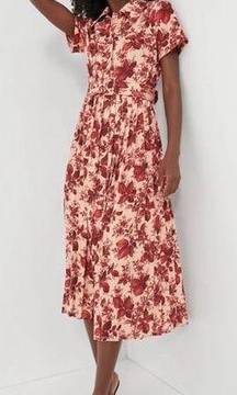 NEW Tuckernuck Dress Floral Pleated Belted Midi Dress Azzurra Red Size XS