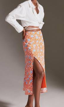 Anthropologie The Lille Side Slit Crepe Midi Skirt Orange Motif Floral