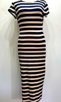 NEW RD Style Navy & Beige Striped Open Back Cap Sleeve Fitted Maxi Dress Small