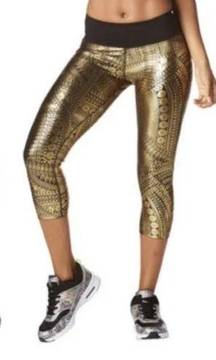 ZUMBA Wear All Night Gold Metallic Pattern Black Capri Leggings-Spicy, Size S