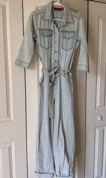 Jennifer Lopez Belted Denim Jumper Jumpsuit Light Blue, size XS