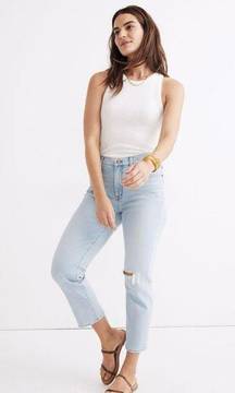 $138 MADEWELL Mid-Rise Classic Straight Jeans in Wellingford Wash: Knee-Rip 29