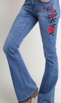 Floral Embroidered High Rise Raw Hem 5 Pocket Flare Jean 30