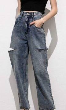 J.ING Hunter High Waist Ripped Baggy Mom Jeans Medium Wash Blue Women's Small