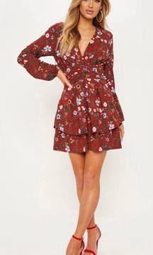 PRETTYLITTLETHING Rust Floral Print Mini Dress