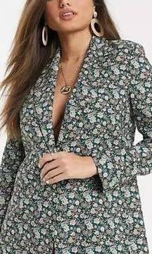 Mango MNG Floral Print Longline Blazer One Button Oversized Women's XXS