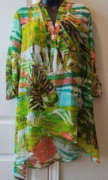 Cha Cha Vente Green Multi-Colored Split Neck 3/4 Sleeve Hi Low Tunic Blouse M