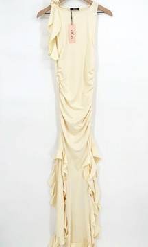 NEW Micas Ruffled Hem Slit Maxi Dress Stretch Bodycon in Cream Small