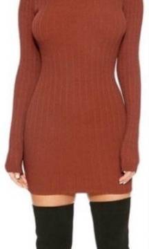 Naked Wardrobe Long Sleeve Mock Neck Ribbed Bodycon Mini Dress: Rust Brown