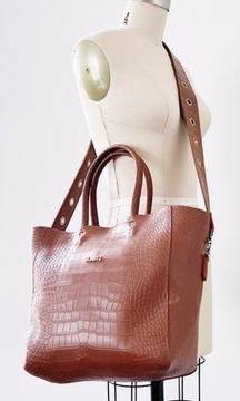 SCHUTZ • Crocodile-Embossed Tote Bag large grommet crossbody strap Dark Caramel