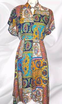 S/M Dress Midi Button Front Bohemian Paisley Resort Casual Cruise