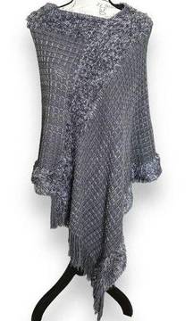Jon & Anna Soft Fuzzy Gray Window Pane Knit Fringe Poncho Sweater One Size OS