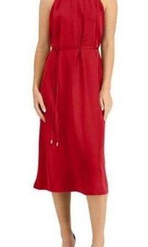 INC Women's Red Satin Crape Halter Belted Midi Dress Side Slit 4 NWT