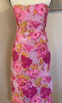 NWOT Lulus Upgraded Event Pink Floral Jacquard Strapless Bustier Midi Dress