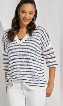 Cabi Size M Peace Pullover Sweater Open Knit Oversized White Blue Striped Costal