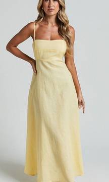 BRETTE MIDI DRESS - LINEN LOOK STRAIGHT NECK STRAPPY FIT AND FLARE DRESS IN LEMON