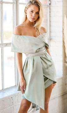 Sage Green Satin Off-the-Shoulder Mini Dress