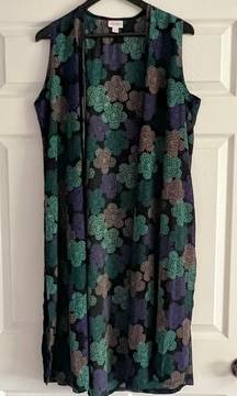 Joy long black duster floral prints sleeveless cardigan size M