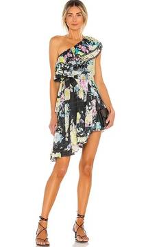 SAND Aita Mini Dress Black One Shoulder Floral Revolve