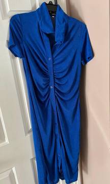 Blue Ruched Button Up Midi Dress