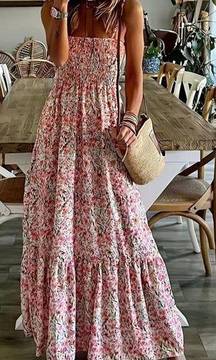 Ditsy Floral Print Shirred Dress Boho Spaghetti Strap Maxi Dress