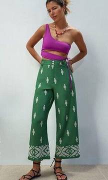 Womens Ladies Green Linen Blend Culottes / Cropped Trousers Size XS