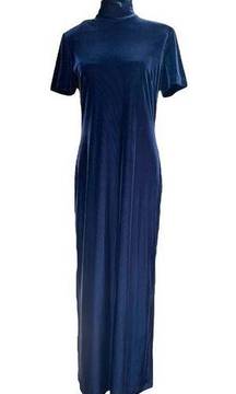 Vintage  Maxi Dress Size 10 Fitted Ribbed velvet Turtleneck Blue Dress