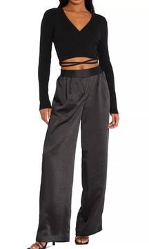 Satin Black High Waist Wide Leg Pants